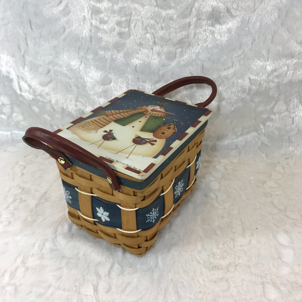 Snowman Image Art wicker Basket hinged w/ handles